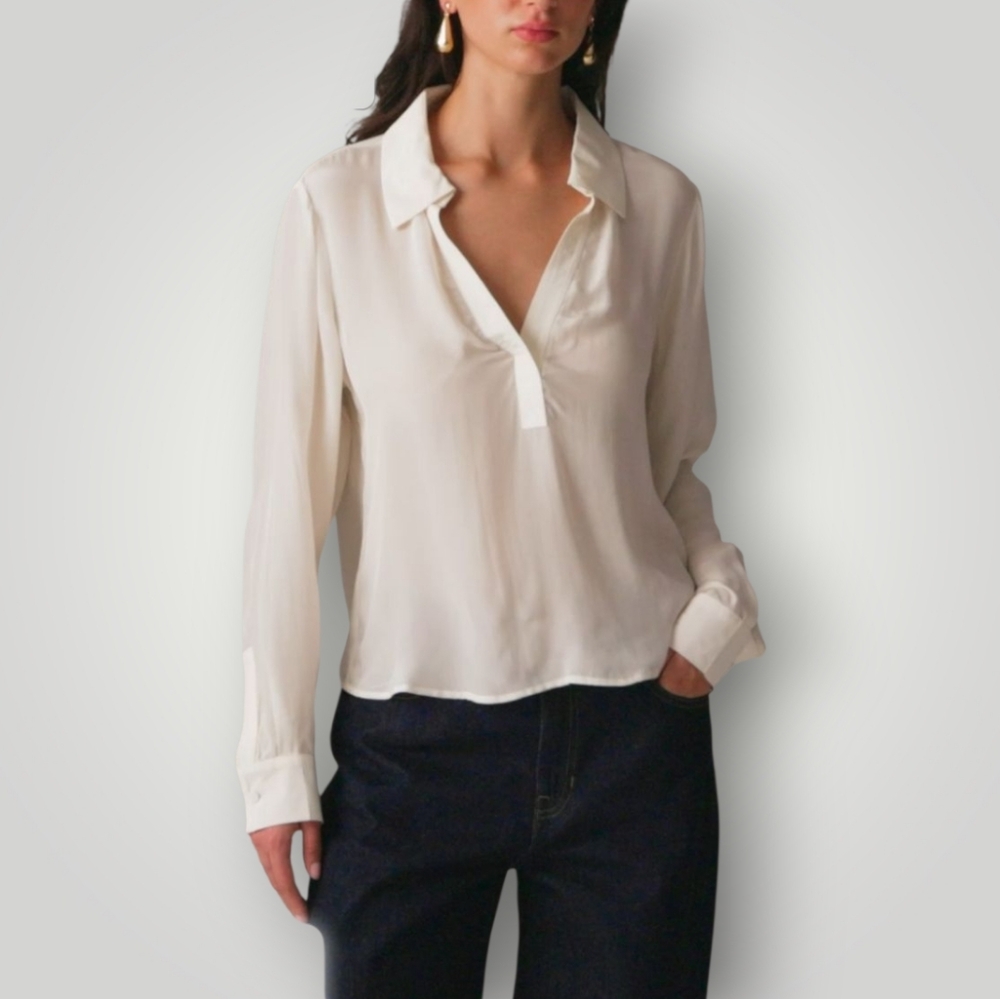 J.Crew Womens Ivory Viscose Blouse L Long Sleeve Split Neck Pullover Top New